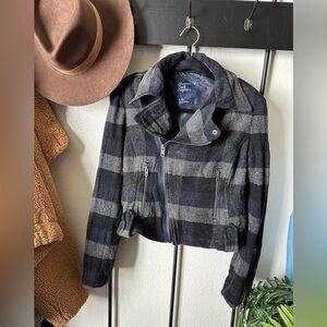 American eagle wool blend blue black plaid Moto motorcycle pea coat jacket